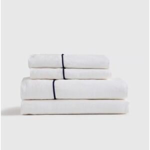 Quince European Linen Piped Sheet Set Queen Size White/Navy 4 Piece